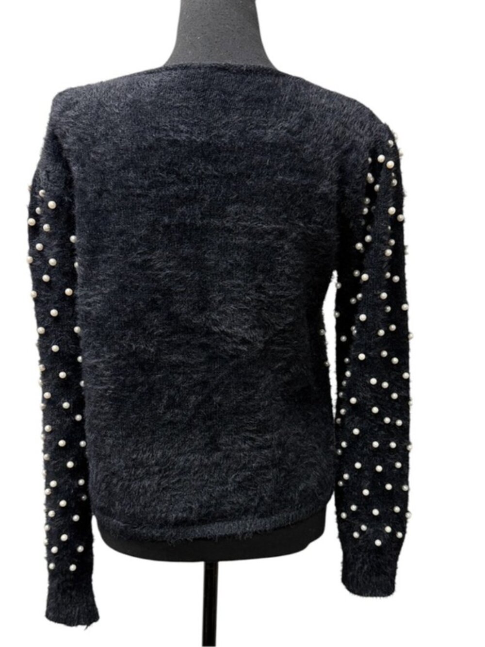 BIBI Black Pearl Embellished Fuzzy Sweater L V Neck Bow Holiday Glam - Picture 5 of 11